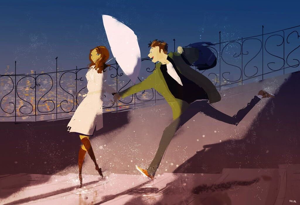 ragazzi corrono con ombrello