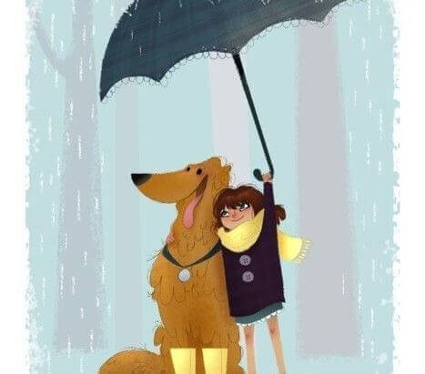 cane e bimbo sotto l'ombrello