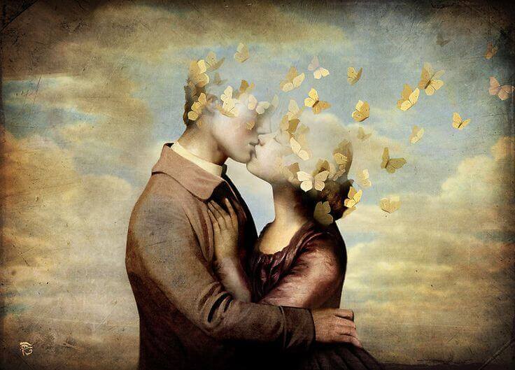 coppia che si bacia con testa a forma di farfalla