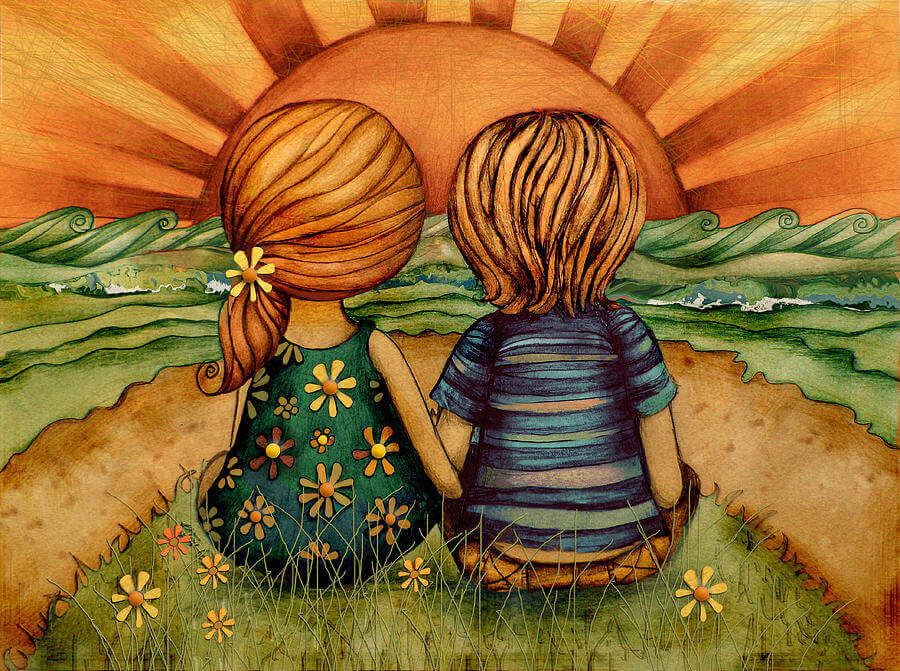 disegno bambini seduti che si tengono per mano