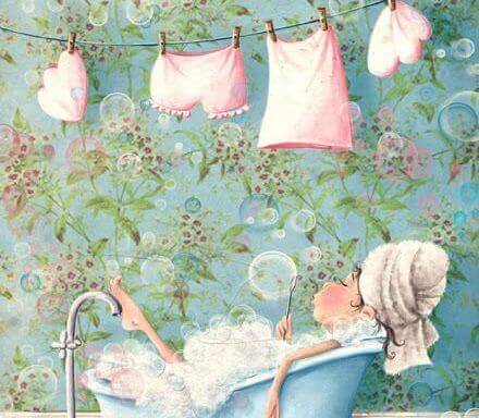 disegno donna in una vasca da bagno e biancheria stesa