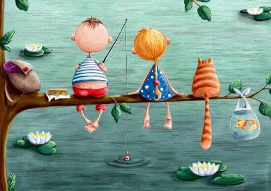 disegno due bambini e un gatto su un ramo pescando