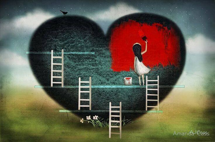 bambina che dipinge di rosso un cuore nero