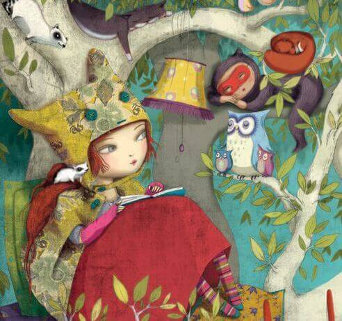 bambina, gufi, scoiattoli e topi