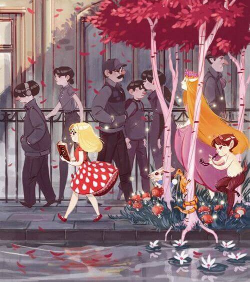 bambina legge in mezzo alla strada