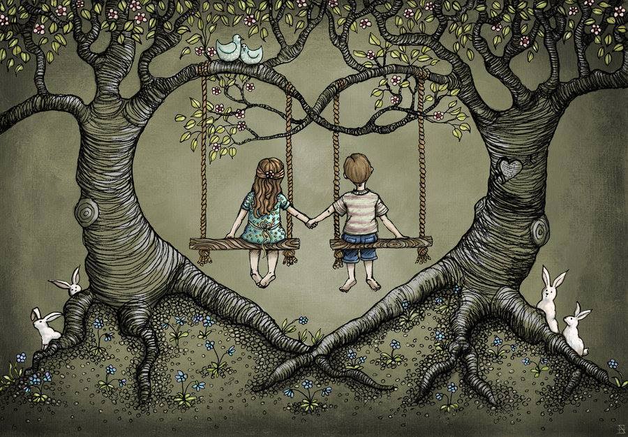 bambini su altalena che si tengono per mano