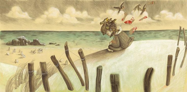 bambino in spiaggia circondato da uccelli