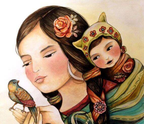 donna, bambino e passero