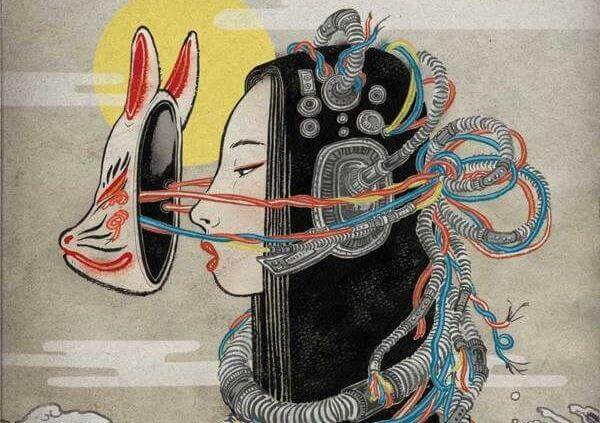 donna con maschera e circuiti