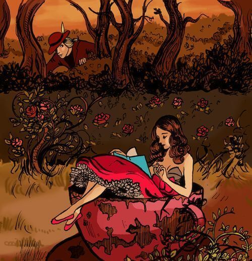 donna nella tazza e uomo che spia