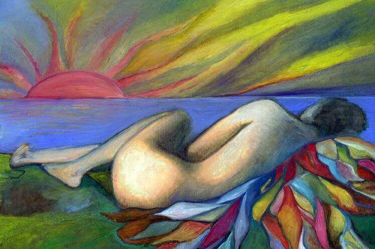 quadro donna nuda sdraiata sulle sponde di un fiume tramonto