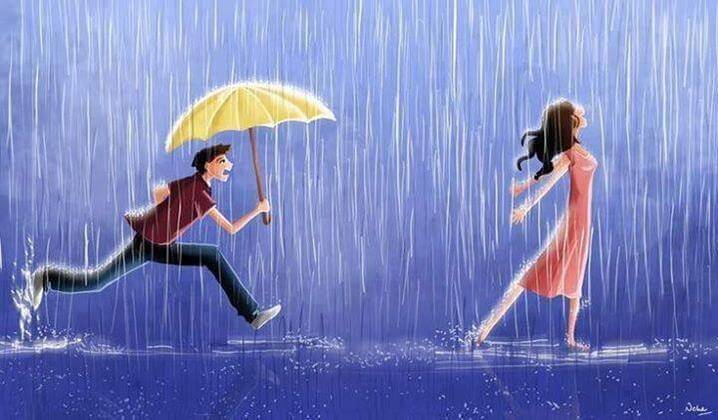 ragazzo con ombrello verso una ragazza
