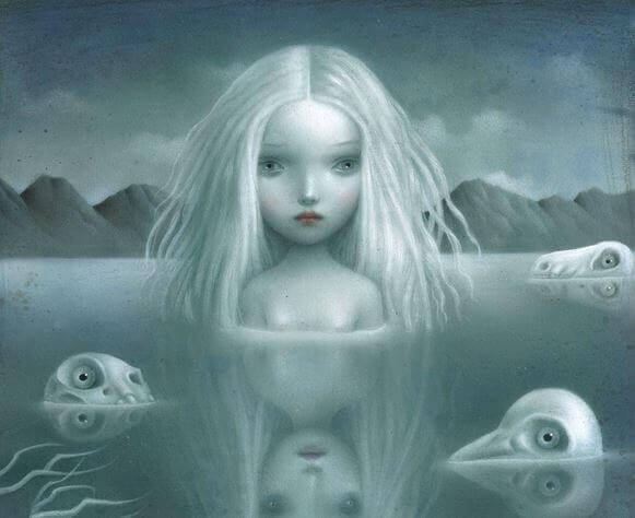 Donna triste in un lago