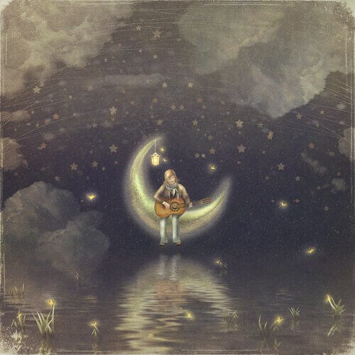 donna suona chitarra sulla luna