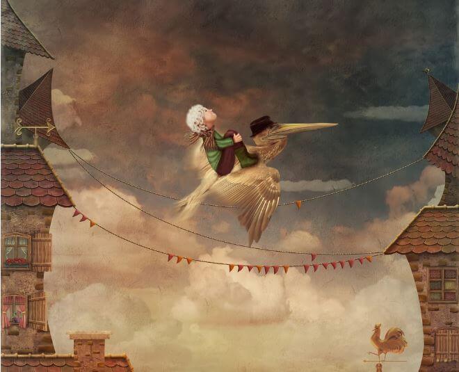 uomo vola su un airone