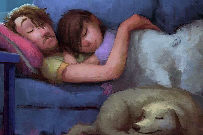 coppia che dorme abbracciata e cane vicino a loro
