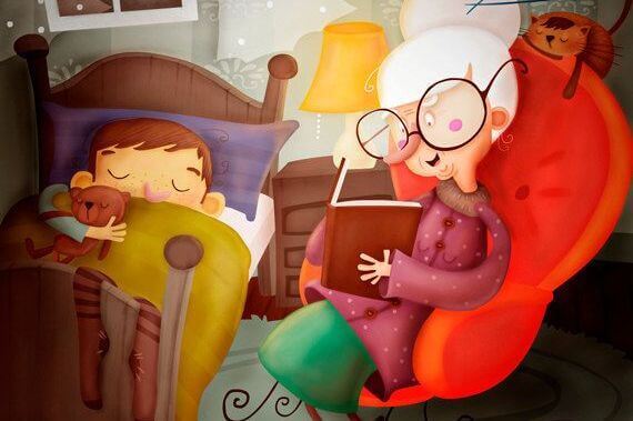 nonna legge una fiaba al nipote che dorme