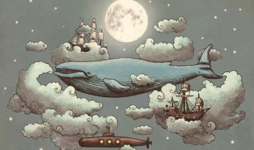 balena, luna, nuvole e navi