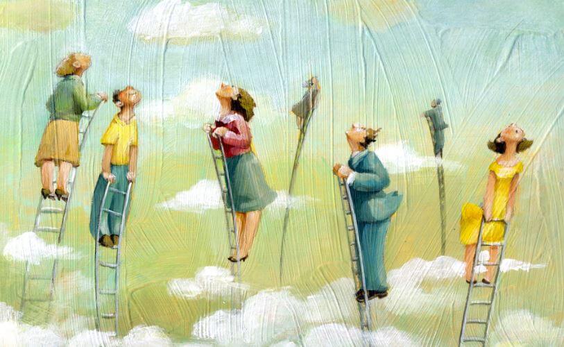 persone su scale verso il cielo