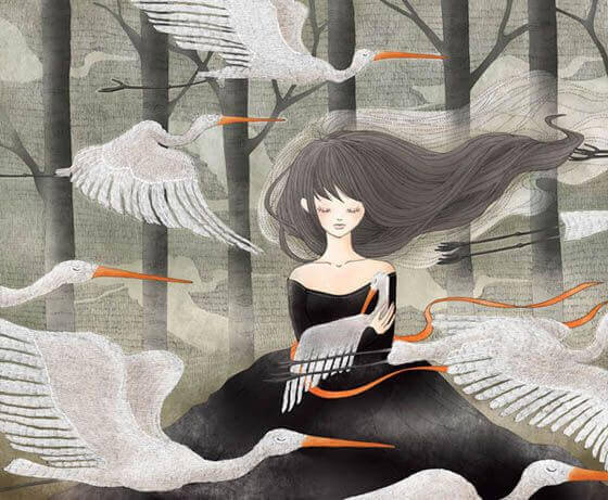 ragazza che medita circondata da gru bianche