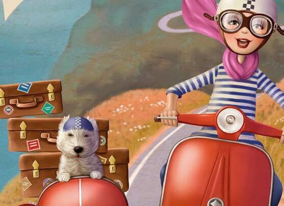 ragazza in moto con cane e valigie