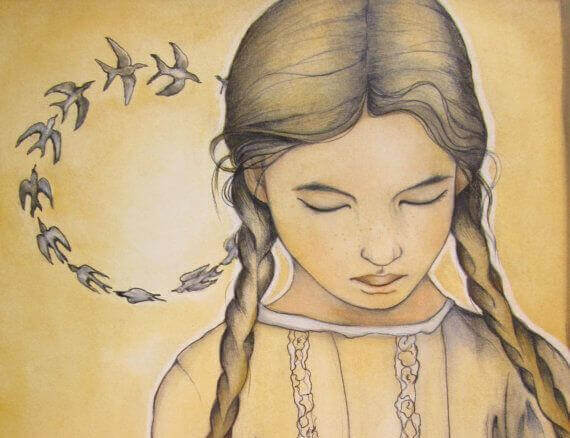 Bambina triste e cerchio di rondini