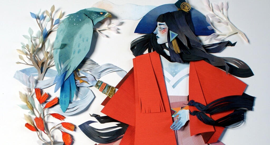 ragazza con kimono rosso e uccello