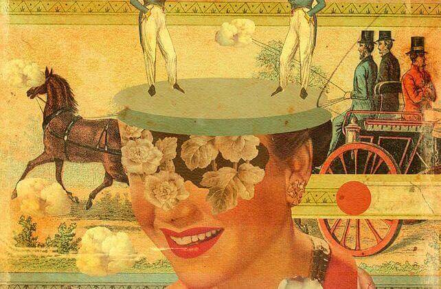 carrozza trainata da cavallo e mezzo volto di donna