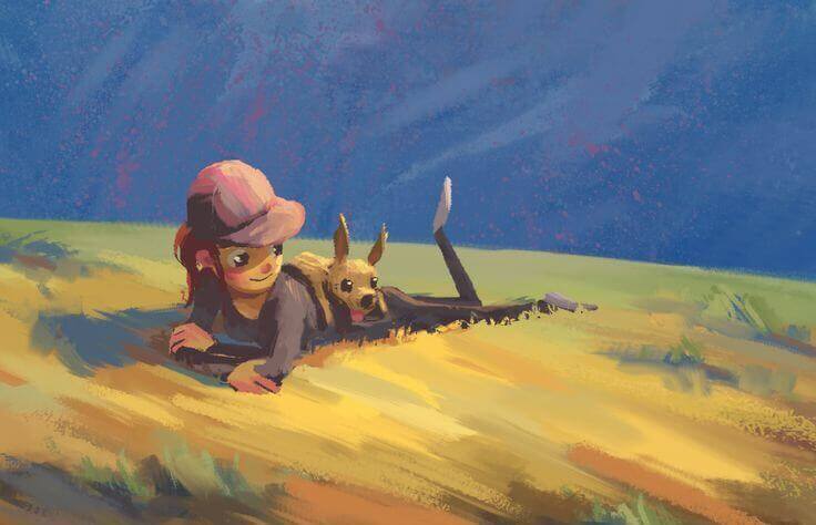 bambina con il suo cano su un prato