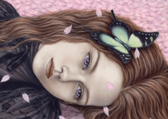 ragazza triste su petali di ciliegio