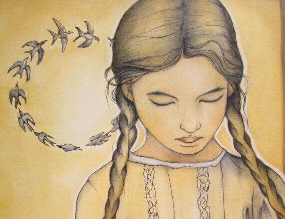 bambina con le trecce e cerchio di rondini