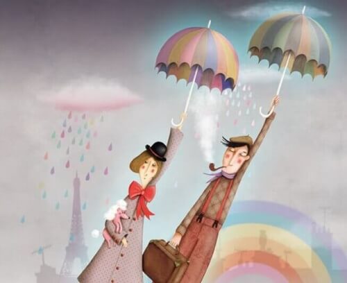 coppia che vola con ombrello