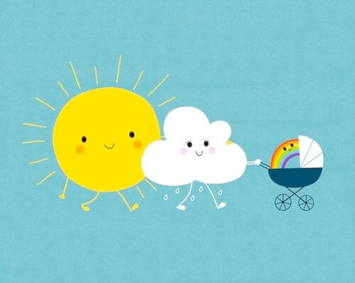 sole e nuvola con passeggino e arcobaleno