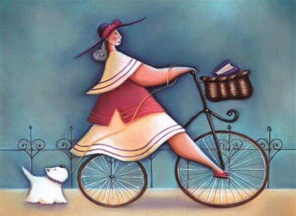 ragazza in bicicletta e cane bianco al guinzaglio