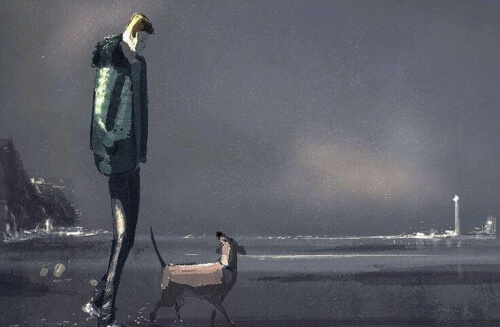 uomo triste passeggia con cane