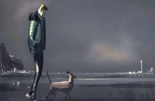 uomo triste passeggia con cane