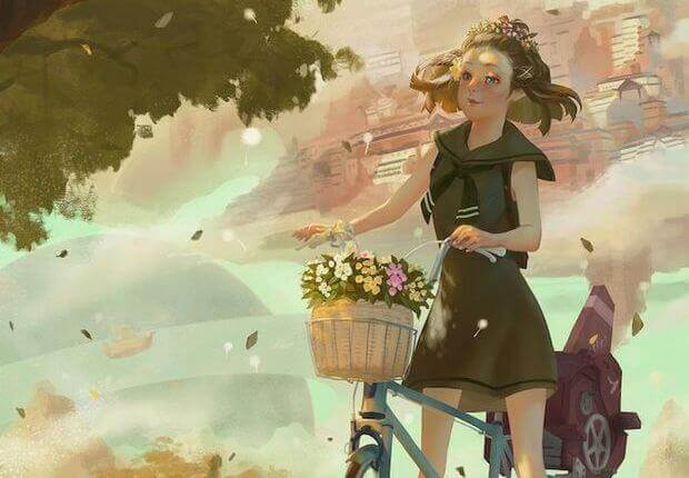 ragazza in bicicletta con fiori nel cestino