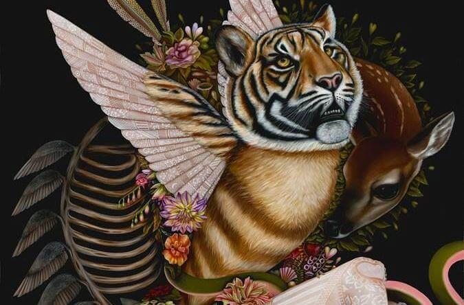 cerbiatto, tigre alata e fiori