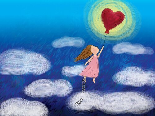 bambina vola tra le nuvole legata a palloncino rosso