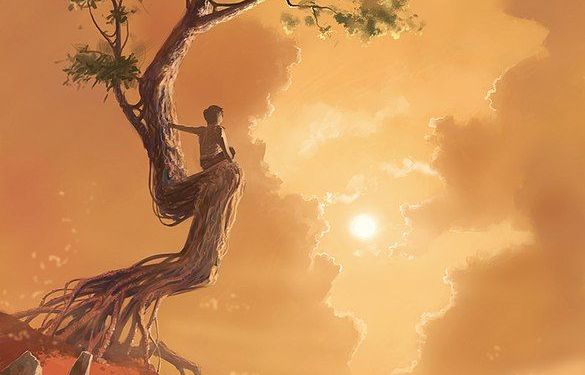 bambino guarda l'orizzonte seduto su un albero