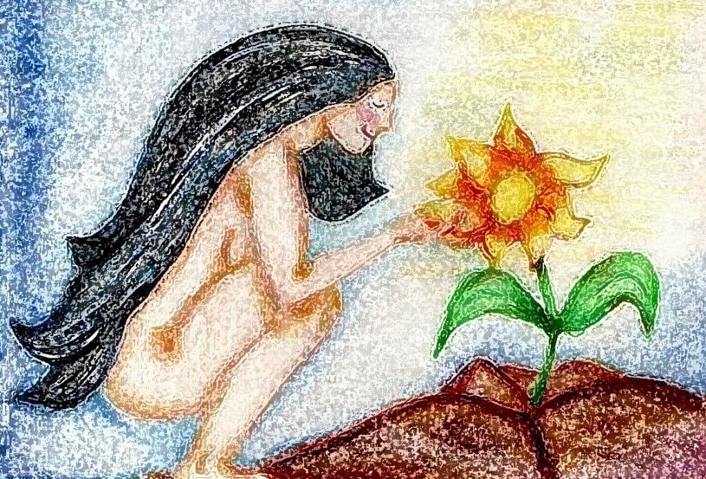 donna nuda davanti ad un girasole