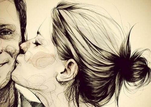 ragazza bacia sulla guancia ragazzo
