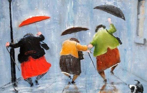 donne con ombrelli saltano sotto la pioggia