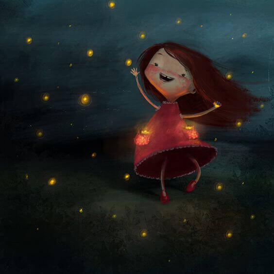 bambina tra lucciole nel buio essere felici