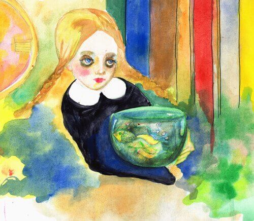 bambine triste con boccia di pesci rossi