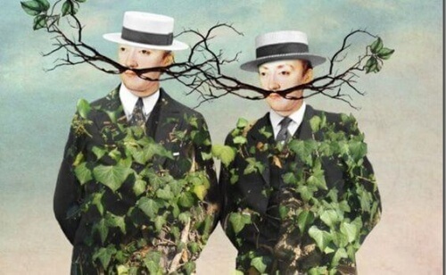 uomini con foglie e rami