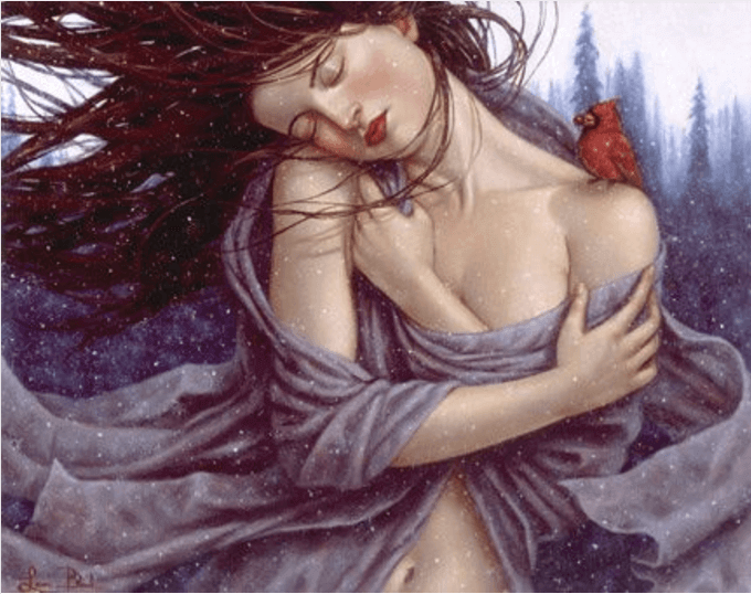 donna al freddo sotto la neve con passerotto