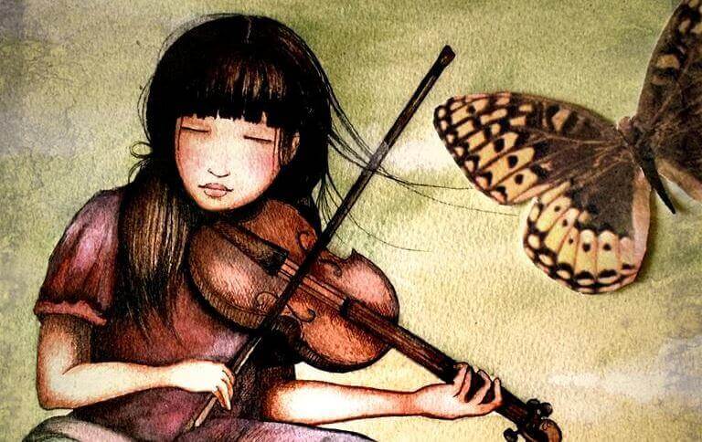 ragazza suona violino e farfalla