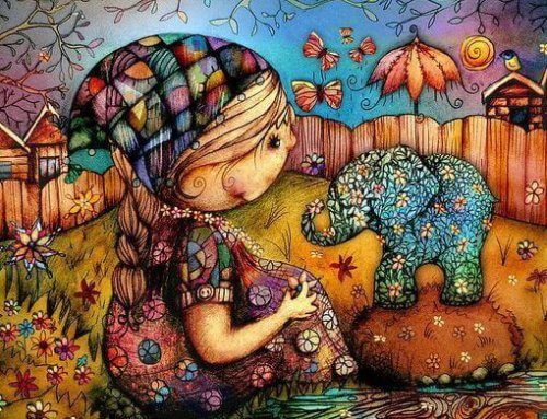 bambina ed elefante colorati