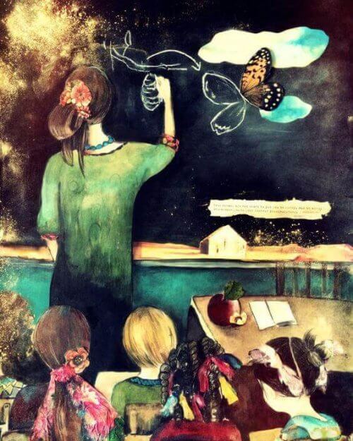 maestra che disegna alla lavagna e bambini